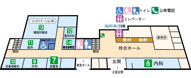 外来棟1階診療科室番号表示図